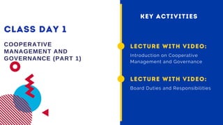 CLASS DAY 1
COOPERATIVE
MANAGEMENT AND
GOVERNANCE (PART 1)
LECTURE WITH VIDEO:
Introduction on Cooperative
Management and Governance
KEY ACTIVITIES
LECTURE WITH VIDEO:
Board Duties and Responsibilities
 