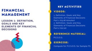 FINANCIAL
MANAGEMENT
LESSON 1: DEFINITION,
GOALS AND KEY
ELEMENTS OF FINANCIAL
DECISIONS
VIDEOS:
1. Definition, Goals and Key
Elements of Financial Decisions
Part 1 (03:18 minutes)
2. Definition, Goals and Key
Elements of Financial Decisions
Part 2 (02:10)
KEY ACTIVITIES
REFERENCE MATERIAL:
P.E.S.O.S.
EXERCISE:
Compute for P.E.S.O.S. for Sample FS
 