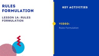 RULES
FORMULATION
LESSON 1A: RULES
FORMULATION
VIDEO:
Rules Formulation
KEY ACTIVITIES
 
