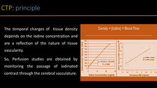 The temporal changes of tissue density
depends on the iodine concentration and
are a reflection of the nature of tissue
vascularity.
So, Perfusion studies are obtained by
monitoring the passage of iodinated
contrast through the cerebral vasculature.
 