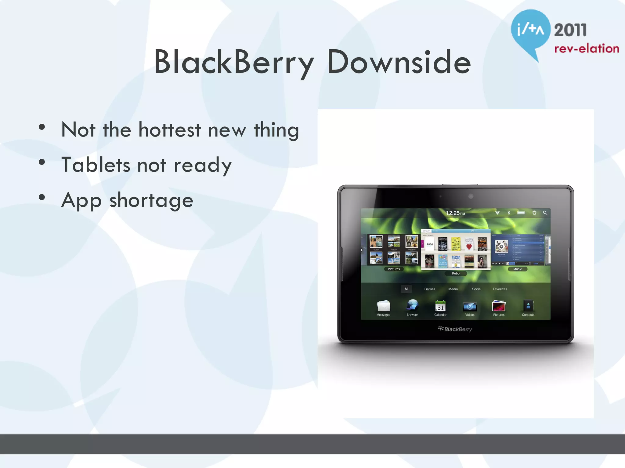 BlackBerry Downside
• Not the hottest new thing
• Tablets not ready
• App shortage
 