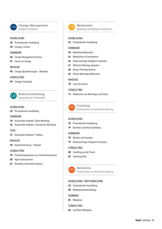 05Inhalt ComTeam
AUSBILDUNG
10 	 Prozessberater-Ausbildung
74	 Business-Coaching-Ausbildung
SEMINARE
78	 Beraten und Coachen
79	Arbeitsaufträge erfolgreich umsetzen
CONSULTING
80	 Coaching aus der Praxis
81	Coaching-Pool
AUSBILDUNG
10 	 Prozessberater-Ausbildung
SEMINARE
54	 Kulturprofil-Indikator®
Basis-Workshop
56	 Kulturprofil-Indikator®
Consultants-Workshop
TOOL
55	 Kulturprofil-Indikator®
Toolbox
INHOUSE
58	 Kulturentwicklung – Beispiel
CONSULTING
59	 Entwicklungsprozesse zur Unternehmenskultur
60	 Agiler Kulturprozess
61	 Resiliente Unternehmenskultur
AUSBILDUNG
10 	 Prozessberater-Ausbildung
SEMINARE
64	 Workshop-Moderation
65 	Moderation im Grenzbereich
66	Arbeitsaufträge erfolgreich umsetzen
67 	 Effiziente Meetings gestalten
68 	 Design-Thinking-Seminar
69 	 Online-Workshop-Moderation
INHOUSE
70	 Train the Trainer
CONSULTING
71	 Moderation von Workshops und Events
AUSBILDUNG | WEITERBILDUNG
10 	 Prozessberater-Ausbildung
84	 Mediationsweiterbildung
SEMINAR
85	Mediation
CONSULTING
86	 ComTeam Mediation
AUSBILDUNG
10 	 Prozessberater-Ausbildung
44	 Change in Action
SEMINARE
46	 Change-Management-Seminar
47	 Führen im Change
INHOUSE
48	Change-Qualifizierungen – Beispiele
CONSULTING
49	 Change-Consulting
 