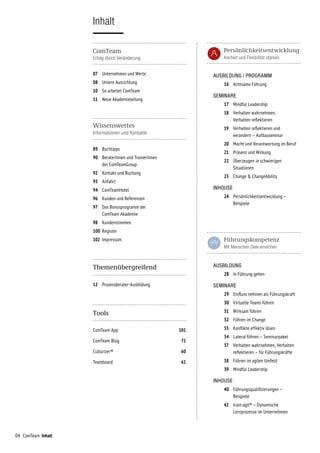 04 ComTeam Inhalt
	AUSBILDUNG
		 28	 In Führung gehen
	SEMINARE
		 29	 Einfluss nehmen als Führungskraft
		 30	 Virtuelle Teams führen
		 31	 Wirksam führen
		 32	 Führen im Change
		 33 	 Konflikte effektiv lösen
		 34	 Lateral führen – Seminarpaket
		 37 	Verhalten wahrnehmen, Verhalten
reflektieren – für Führungskräfte
		 38 	 Führen im agilen Umfeld
		 39	 Mindful Leadership
	INHOUSE
		 40	 Führungs­qualifizierungen –
Beispiele
		 42 	 train:agil® – Dynamische
			 Lernprozesse im Unternehmen
Inhalt
07	 Unternehmen und Werte
08	 Unsere Ausrichtung
10	So arbeitet ComTeam
11	 Neue Akademieleitung
89	 Buchtipps
90	 BeraterInnen und TrainerInnen
	 der ComTeamGroup
92	Kontakt und Buchung
93	 Anfahrt
94 	 ComTeamHotel
96 	 Kunden und Referenzen
97 	 Das Bonusprogramm der
	 ComTeam Akademie
98 	 Kundenstimmen
100 	Register
102 	Impressum
12	 Prozessberater-Ausbildung
Themenübergreifend
ComTeam App	 101
ComTeam Blog	 71
Culturizer®	 60
Teamboard	 61
Tools
	AUSBILDUNG | PROGRAMM
		 16	 Achtsame Führung
	SEMINARE
		 17	 Mindful Leadership
		 18	Verhalten wahrnehmen,
Verhalten reflektieren
		 19	Verhalten reflektieren und
verändern – Aufbauseminar
		 20 	 Macht und Verantwortung im Beruf
		 21 	 Präsenz und Wirkung
		 22 	 Überzeugen in schwierigen
			 Situationen
		 23 	 Change  ChangeAbility
	INHOUSE
		 24	Persönlichkeitsentwicklung –
Beispiele
 