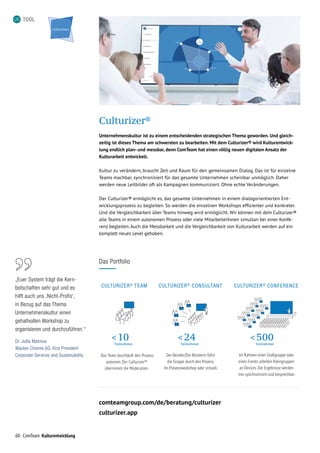 60 ComTeam Kulturentwicklung
TOOL
Culturizer®
Unternehmenskultur ist zu einem entscheidenden strategischen Thema geworden. Und gleich­
zeitig ist dieses Thema am schwersten zu bearbeiten. Mit dem Culturizer® wird Kulturentwick-
lung endlich plan- und messbar, denn ComTeam hat einen völlig neuen digitalen Ansatz der
Kulturarbeit entwickelt.
Kultur zu verändern, braucht Zeit und Raum für den gemeinsamen Dialog. Das ist für einzelne
Teams machbar, synchronisiert für das gesamte Unternehmen scheinbar unmöglich. Daher
werden neue Leitbilder oft als Kampagnen kommuniziert. Ohne echte Veränderungen.
Der Culturizer® ermöglicht es, das gesamte Unternehmen in einem dialogorientierten Ent-
wicklungsprozess zu begleiten. So werden die einzelnen Workshops effizienter und konkreter.
Und die Vergleichbarkeit über Teams hinweg wird ermöglicht. Wir können mit dem Culturizer®
alle Teams in einem autonomen Prozess oder viele Mitar­beiterInnen simultan bei einer Konfe-
renz begleiten. Auch die Messbarkeit und die Vergleichbarkeit von Kulturarbeit werden auf ein
komplett neues Level gehoben.
Im Rahmen einer Großgruppe oder
eines Events arbeiten Kleingruppen
an Devices.Die Ergebnisse werden
live synchronisiert und besprechbar.
CULTURIZER®
CONFERENCE
 500
Teilnehmer
Das Team durchläuft den Prozess
autonom. Der Culturizer®
übernimmt die Moderation.
CULTURIZER®
TEAM
 10
Teilnehmer
Der Berater/Die Beraterin führt
die Gruppe durch den Prozess.
Im Präsenzworkshop oder virtuell.
CULTURIZER®
CONSULTANT
 24
Teilnehmer
comteamgroup.com/de/beratung/culturizer
culturizer.app
Das Portfolio
„Euer System trägt die Kern-
botschaften sehr gut und es
hilft auch uns ‚Nicht-Profis‘,
in Bezug auf das Thema
Unternehmenskultur einen
gehaltvollen Workshop zu
organisieren und durchzuführen.“
Dr. Jutta Matreux
Wacker Chemie AG, Vice President
Corporate Services and Sustainability
 
