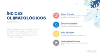 ÍNDICES
CLIMATOLÓGICOS
A partir do detalhamento da previsão dentro do site
e do App o usuário consegue informações mais
específicas com os índices baseados em diversos
fatores que resultam em alertas de acordo com as
condições meteorológicas.
Detalhamentos
Gripe e Resfriado
Atenção, você pode ficar resfriado! Segundo a
temperatura e umidade do ar.
Ressecamento de pele
Não deixe de se hidratar!
Segundo a chuva e umidade do ar.
Índice Ultravioleta
6 – Incidência Alta
Segundo a temperatura e umidade do ar.
Ploriferação de Mosquitos
Baixa – Segundo a temperatura e umidade
do ar.
 