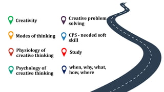 Creativity
Modes of thinking
Physiology of
creative thinking
Psychology of
creative thinking
when, why, what,
how, where
Creative problem
solving
CPS - needed soft
skill
Study
 