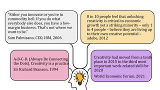 “Either you innovate or you’re in
commodity hell. If you do what
everybody else does, you have a low-
margin business. That’s not where we
want to be.”
Sam Palmisano, CEO, IBM, 2006
Creativity had moved from a tenth
place in 2015 to the third most
important work-related skill for
2020
World Economic Forum, 2021
8 in 10 people feel that unlocking
creativity is critical to economic
growth yet a striking minority – only 1
in 4 people – believe they are living up
to their own creative potential –
adobe, 2012
A-B-C-D. (Always Be Connecting
the Dots). Creativity is a practice
Sir Richard Branson, 1994
 