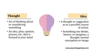 Thought Idea
• A thought or suggestion
as to a possible course
of action.
• Something one thinks,
knows, or imagines; a
thought; mental
conception or image
• Act of thinking about
or considering
something
• An idea, plan, opinion,
picture, etc., that is
formed in your mind
www.psychologytoday.com
 