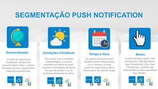 SEGMENTAÇÃO PUSH NOTIFICATION
Geolocalização
A partir do sistema de
localização, poderá ser
possível saber onde o usuário
encontra-se para proporcionar
melhores experiências.
De acordo com a condição
meteorológica, o usuário
receberá um alerta de push,
trazendo informações de locais
em que ele possa ir ou de
produtos referentes ao clima.
Condições Climáticas Tempo e Hora
Os alertas de push podem
também serem relacionados
com o tempo e a hora,
podendo segmentar ambos
fatores para seu devido target.
Bases
A partir da base usada, Site
Climatempo, Site Agroclima,
App Climatempo Lite e App
Climatempo, poderão ser
direcionados pushs específicos
aos clientes .
 
