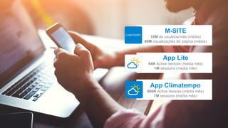M-SITE
10M de usuários/mês (média)
46M visualizações de página (média)
App Lite
64K Active devices (média mês)
1M sessions (média mês)
App Climatempo
800K Active devices (média mês)
7M sessions (média mês)
 