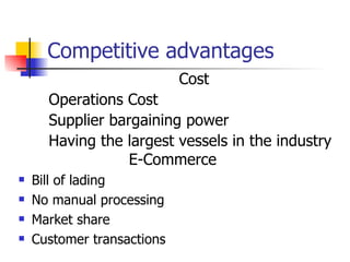 Competitive advantages Cost Operations Cost Supplier bargaining power Having the largest vessels in the industry E-Commerce Bill of lading No manual processing Market share Customer transactions 