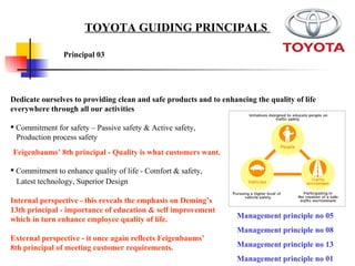 Dedicate ourselves to providing clean and safe products and to enhancing the quality of life everywhere through all our activities Commitment for safety – Passive safety & Active safety,  Production process safety Feigenbaums’ 8th principal - Quality is what customers want.  Commitment to enhance quality of life - Comfort & safety, Latest technology, Superior Design  Internal perspective - this reveals the emphasis on Deming’s 13th principal - importance of education & self improvement which in turn enhance employee quality of life.  External perspective - it once again reflects Feigenbaums’ 8th principal of meeting customer requirements.   Principal 03   TOYOTA GUIDING PRINCIPALS  Management principle no 05 Management principle no 08 Management principle no 13 Management principle no 01 