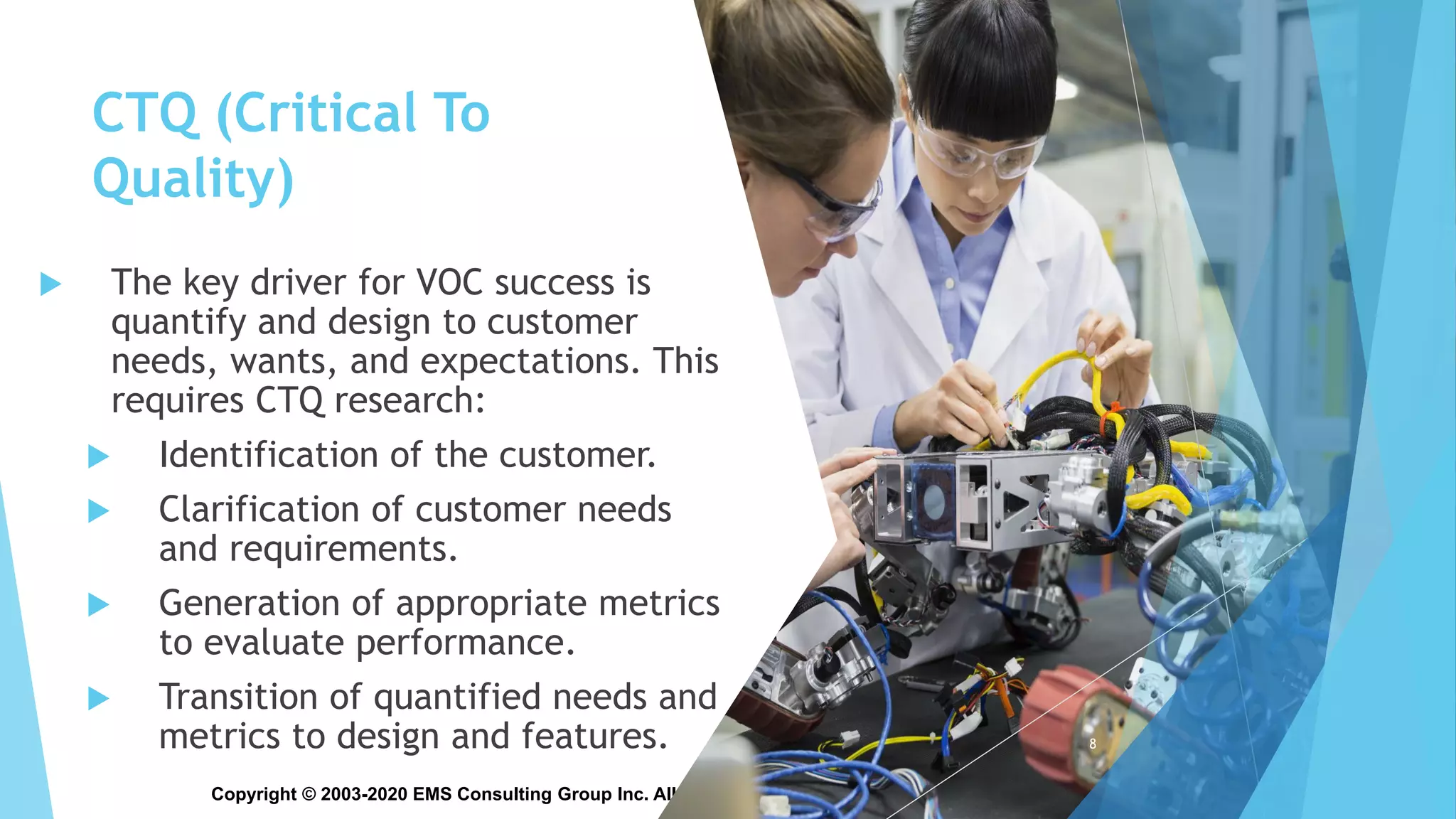 Copyright © 2003-2020 EMS Consulting Group Inc. All Rights Reserved
CTQ (Critical To
Quality)
 The key driver for VOC success is
quantify and design to customer
needs, wants, and expectations. This
requires CTQ research:
 Identification of the customer.
 Clarification of customer needs
and requirements.
 Generation of appropriate metrics
to evaluate performance.
 Transition of quantified needs and
metrics to design and features. 8
 