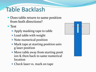 Table Backlash
 Does table return to same position
from both directions?
 Test
 Apply masking tape to table
 Load table with weight
 Note numerical position
 Mark tape at starting position usin
g laser position
 Move table away from starting posit
ion & then back to same numerical
location
 Check laser vs. mark on tape
 