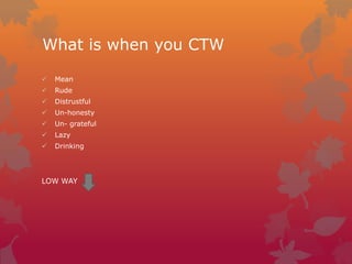 What is when you CTW


Mean



Rude



Distrustful



Un-honesty



Un- grateful



Lazy



Drinking

LOW WAY

 