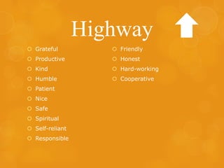 Highway
 Grateful

 Friendly

 Productive

 Honest

 Kind

 Hard-working

 Humble

 Cooperative

 Patient
 Nice

 Safe
 Spiritual
 Self-reliant
 Responsible

 