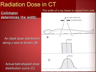 The width of x-ray beam is viewed form sideThe width of x-ray beam is viewed form side
CollimatorCollimator
determines the width:determines the width:
An ideal dose distributionAn ideal dose distribution
along z axis is shown (B).along z axis is shown (B).
Actual bell-shaped doseActual bell-shaped dose
distribution curve (C).distribution curve (C).
A
B
C
A
Radiation Dose in CT
 