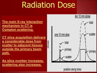 17
Radiation Dose
The main X-ray interaction
mechanism in CT is
Compton scattering.
CT slice acquisition delivers
a considerable dose from
scatter to adjacent tissues
outside the primary beam
path.
As slice number increases,
scattering also increases.
 