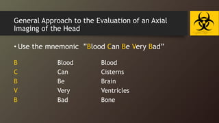 General Approach to the Evaluation of an Axial
Imaging of the Head
• Use the mnemonic ”Blood Can Be Very Bad”
B Blood Blood
C Can Cisterns
B Be Brain
V Very Ventricles
B Bad Bone
 