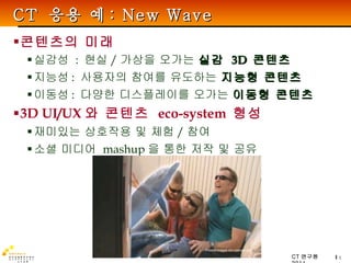 콘텐츠의 미래 실감성  :  현실 / 가상을 오가는  실감  3D  콘텐츠 지능성 :  사용자의 참여를 유도하는  지능형 콘텐츠 이동성 :  다양한 디스플레이를 오가는  이동형 콘텐츠 3D UI/UX 와 콘텐츠  eco-system  형성  재미있는 상호작용 및 체험 / 참여 소셜 미디어  mashup 을 통한 저작 및 공유 CT  응용 예 : New Wave 