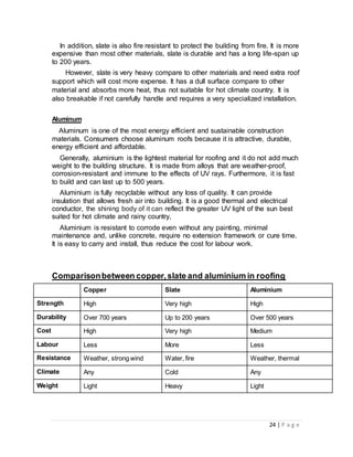 In addition, slate is also fire resistant to protect the building from fire. It is more 
expensive than most other materials, slate is durable and has a long life-span up 
to 200 years. 
However, slate is very heavy compare to other materials and need extra roof 
support which will cost more expense. It has a dull surface compare to other 
material and absorbs more heat, thus not suitable for hot climate country. It is 
also breakable if not carefully handle and requires a very specialized installation. 
24 | P a g e 
Aluminum 
Aluminum is one of the most energy efficient and sustainable construction 
materials. Consumers choose aluminum roofs because it is attractive, durable, 
energy efficient and affordable. 
Generally, aluminium is the lightest material for roofing and it do not add much 
weight to the building structure. It is made from alloys that are weather-proof, 
corrosion-resistant and immune to the effects of UV rays. Furthermore, it is fast 
to build and can last up to 500 years. 
Aluminium is fully recyclable without any loss of quality. It can provide 
insulation that allows fresh air into building. It is a good thermal and electrical 
conductor, the shining body of it can reflect the greater UV light of the sun best 
suited for hot climate and rainy country, 
Aluminium is resistant to corrode even without any painting, minimal 
maintenance and, unlike concrete, require no extension framework or cure time. 
It is easy to carry and install, thus reduce the cost for labour work. 
Comparison between copper, slate and aluminium in roofing 
Copper Slate Aluminium 
Strength High Very high High 
Durability Over 700 years Up to 200 years Over 500 years 
Cost High Very high Medium 
Labour Less More Less 
Resistance Weather, strong wind Water, fire Weather, thermal 
Climate Any Cold Any 
Weight Light Heavy Light 
 