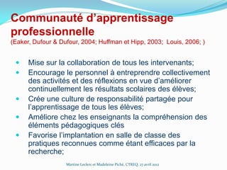 Communauté d’apprentissage
professionnelle
(Eaker, Dufour & Dufour, 2004; Huffman et Hipp, 2003; Louis, 2006; )








Mise sur la collaboration de tous les intervenants;
Encourage le personnel à entreprendre collectivement
des activités et des réflexions en vue d’améliorer
continuellement les résultats scolaires des élèves;
Crée une culture de responsabilité partagée pour
l’apprentissage de tous les élèves;
Améliore chez les enseignants la compréhension des
éléments pédagogiques clés
Favorise l’implantation en salle de classe des
pratiques reconnues comme étant efficaces par la
recherche;
Martine Leclerc et Madeleine Piché, CTREQ, 27 avril 2012

 