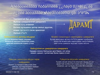 Áàéãóóëëàãàä ñòðåññèéã ¿¿ñãýõ õ¿÷èí ç¿éë á¿õèé äóòàãäàë \Áàéãóóëàëòûí çàí òºëºâ\   03/24/11   01:38 ДАРАМТ Тааламжтай бус  х¿м¿¿сийн   нºлººлºл Муйхар шаардлагатай удирдлага Ажлын  хүнд  ачаалал Богино хугацааны дотор ажлыг дуусгах, алдаа  гаргахг¿й  гэсэн эрмэлзэл Ажлын  нºхцºл Байгууллагын дотоод амьдрал Д¿рэм  журмаар барих, асуудал шийдэхэд оролцох бололцоо хомс, зэрэгтэй холбоотой стресс  ¿¿ снэ Х¿м¿¿с хоорондын харилцааны шаардлага Бусад ажилчдын з¿гээс нºлººлºх дарамт хэлбэрээр илрэх ба х¿м¿¿сийн харилцааны эвг¿й байдал, хамт олны дэмжлэг   муугаас стресс ¿¿снэ. Гүйцэтгэх ¿¿ргийн шаардлага Тухайн х¿ний г¿йцэтгэх ¿¿ргийн явцад ¿¿сэх арамттай холбоотой стресс ¿¿снэ .  х¿лээлт, ачаалал, цаг хугацаа, ¿¿ргийн îйлгомжг¿й байдал Тавьсан зорилгоос ¿¿дэн гарах шаардлага Зорилт нь бусдын тавьснаас бие даасан, тусгаарлагдмал байвал анхдагч стресс их байна Байгууллагын удирдлагын шаардлага Удирдан зохион байгуулах арга барил, хэт хатуу хяналт, шахалт, тулгалтаас болж стресс  ¿¿ снэ 