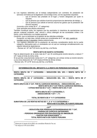 e) Los ingresos obtenidos por el trabajo independiente con contratos de prestación de
servicios normados por la legislación civil (Código Civil), con los siguientes requisitos:
- que el servicio sea prestado en el lugar y horario designado por quien lo
requiere,
- que la persona que solicite el servicio proporcione los elementos de trabajo, y
- que la persona que solicite el servicio asuma los gastos que la prestación del
servicio requiera.
(conocido como rentas de 4° - 5° categorías)
(solo aplicable para efectos tributarios)
También constituye renta, los ingresos que los asociados (o miembros de asociaciones que
ejerzan cualquier profesión, arte, ciencia u oficio) obtengan de las sociedades civiles o de
hecho, como retribución a su trabajo personal.
Condición: que no participen en la gestión de las referidas entidades.
Excepción: en este caso, dichas rentas son consideradas de 5° cat. aún cuando no
cumplan con los 3 requisitos citados anteriormente.
f) Los ingresos obtenidos por la prestación de servicios considerados dentro de la cuarta
categoría, efectuados para un contratante con el cual se mantenga simultáneamente una
relación laboral de dependencia.
- Revisar art. 34° del TUO de la Ley del Imp. a la Renta.
RENTA NETA DE QUINTA CATEGORÍA
Para la determinación de la renta neta de 5° cat. El contribuyente tendrá derecho a deducir 7
UIT, hasta el límite de dicha renta.
Si se percibe conjuntamente rentas de 4° y 5° categorías, por ambas rentas se tendrá derecho
a una única deducción de 7 UIT (hasta el límite de dichas rentas).
- Revisar arts. 75° al 78° de la Ley del Imp. a la Renta.
DETERMINACIÓN DEL IMPUESTO A LA RENTA DE PERSONAS NATURALES
RENTA BRUTA DE 1° CATEGORÍA – DEDUCCIÓN DEL 20% = RENTA NETA DE 1°
CATEGORÍA
-------------------------------------------------------------------------------------------
RENTA BRUTA DE 2° CATEGORÍA – DEDUCCIÓN DEL 10% = RENTA NETA DE 2°
CATEGORÍA
------------------------------------------------------------------------------------------------
RENTA BRUTA DE 4° CAT. POR EL EJERCICIO INDIVIDUAL – DEDUCCIÓN DEL 20% =
RENTA NETA DE 4° CAT POR EL EJERCICIO INDIVIDUAL
+ OTRAS RENTAS DE 4° CAT. = RENTA NETA DE 4° CAT
+
RENTA BRUTA DE 5° CATEGORÍA (*)
- DEDUCCIÓN DE 7 UIT = (**)
TOTAL DE RENTA DE 4° Y 5° CATEGORÍAS
-------------------------------------------------------------------------------
SUMATORIA DE LAS RENTAS NETAS DE 1°, 2° 4° Y 5° CATEGORÍAS =
RENTA NETA GLOBAL DE FUENTE PERUANA
------------------------------------------------------------------------------------------------
- ITF
30
- DEDUCCIÓN POR PÉRDIDAS EXTRAORDINARIAS DE 1° CAT.
- PERDIDA DE EJERCICIO ANTERIORES
- PERDIDAS ORIGINADAS POR ENAJENACIÓN DE INMUEBLES
- GASTOS POR DONACIONES
31
=
TOTAL RENTA NETA DE FUENTE PERUANA
-----------------------------------------------------------------------------------------
30
Hasta por el monto de la RNG sin considerar Renta de 5ta cat.
31
No mayor al 10% de la RNG
 