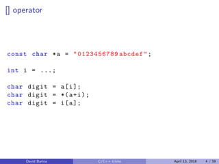 [] operator
const char *a = "0123456789 abcdef";
int i = ...;
char digit = a[i];
char digit = *(a+i);
char digit = i[a];
David Barina C/C++ tricks April 13, 2018 4 / 59
 