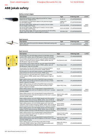 148 Electrification products Price list
Safety contact edges
Spot sensors
Spot sensors
Description Type Ordering code L.P.(`)
Aluminum profile for safety edge GE and GP for T-base.
Width 25 mm, height 14 mm.
AL 25-14 2TLA076002R0200
Upon
request
It's necasssary to add these cables to the desired length.
For GP safety edges.
Cable LIYY
2x0.34
2TLA076002R1800
GE series safety edge. EPDM part in meters, 25 mm width,
25 mm height, with T-base.
GE 25-25 EPDM 2TLA076005R0200
GE series safety edge. EPDM part in meters, 25 mm width,
45 mm height, with T-base.
GE 25-45 EPDM 2TLA076005R0400
GE series safety edge. KS 6 is an end connection for GE safety
edges wider than 25 mm. Cable length 0.5 meters.
GE KS6 0.5M 2TLA076005R4000
Description Type Ordering code L.P.(`)
Safety light beam for up to 10 m distance. M18 steel casing with
M12 connector.
Spot 10 2TLA020009R0600
Upon
request
Description Type Ordering code L.P.(`)
Eva actuator for use with Adam sensors in the Eden sensor
system, IP67, yellow, 4pcs of DA2 spacer rings are included.
Eva Actuator 2TLA020046R0000
Upon
request
Eva actuator with general code for use with Adam DYN/OSSD
sensors in the Eden sensor system, IP69K, yellow, 4pcs of
DA 2B spacer rings are included.
Eva General code 2TLA020046R0800
Eva actuator with unique code for use with Adam DYN/OSSD
sensors in the Eden sensor system, IP69K, yellow, 4pcs of
DA 2B spacer rings are included.
Eva Unique code 2TLA020046R0900
Eva actuator for use with Adam sensors, encapsulated in
polyurethane for harsh environments, IP69K, yellow.
Eva E 2TLA020046R0600
Eva actuator for use with Adam sensors, encapsulated in
polyurethane for harsh environments, IP69K, grey.
Eva E Grey 2TLA020046R0700
Eva actuator for use with Adam AS-i sensors in the Eden
sensor system, IP69K, yellow, 4pcs of DA2 spacer rings are
included.
Eva AS-i 2TLA020051R8000
Adam safety sensor unit with a fixed M12 male connector,
IP67, yellow, 4pcs of DA1 protection plate and 4pcs of DA2
spacer rings are included.
Adam M12 2TLA020051R0000
Adam safety sensor unit with a fixed M12 male connector,
IP67, grey, 4pcs of DA1 protection plate and 4pcs of DA2
spacer rings are included.
Adam M12, Grey 2TLA020051R0100
Adam safety sensor unit, encapsulated in polyurethane for
harsh environments with 1m of cable (5 x 0.34 mm2 + screen)
and M12, IP69K.
Adam E 1M 2TLA020051R0900
Adam safety sensor unit, encapsulated in polyurethane for
harsh environments with 10m of cable (5 x 0.34 mm2 + screen)
and M12, IP69K, yellow.
Adam E 10m cable
with M12
2TLA020051R0600
Adam safety sensor unit with OSSD signals and information
output. M12-5 male connector, IP69K, yellow. 4pcs of DA 1B
distance plates and 4pcs of DA 2B distance rings are included.
Adam OSSD-
Info M12-5
2TLA020051R5400
Adam safety sensor unit with OSSD signals and reset with
indication. M12-5 male connector, IP69K, yellow. 4pcs of DA 1B
distance plates and 4pcs of DA 2B distance rings are included
Adam OSSD-
Reset M12-5
2TLA020051R5600
Adam safety sensor unit with OSSD signals and information
output. M12-8 male connector, IP69K, yellow. 4pcs of DA 1B
distance plates and 4pcs of DA 2B distance rings are included.
Adam OSSD-Info
M12-8 connector
2TLA020051R5700
Adam safety sensor unit, encapsulated in polyurethane for
harsh environments with 0.5m of cable (5 x 0.34 mm2 +
screen) and M12, IP69K, grey.
Adam E 0,5m cable
with M12, Grey
2TLA020051R4000
Adam safety sensor unit, encapsulated in polyurethane for
harsh environments with 10m of cable (5 x 0.34 mm2 + screen)
and M12, IP69K, grey.
Adam E 10m cable
with M12, Grey
2TLA020051R4100
Adam safety sensor unit with AS-i node. M12-4 male
connector, IP69K, yellow. 4pcs of DA 1 distance plates and
4pcs of DA 2B distance rings are included.
Adam AS-i M12-4
connector
2TLA020051R6000
—
ABB jokab safety
Email: vishal@roopal.in R.Sanghavi Mercantile Pvt. Ltd. Tel: 93230 92384
www.sanghavi.co.in
 