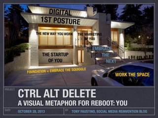 DIGITAL
1ST POSTURE
THE NEW WAY YOU WORK

THE MARKETING
OF YOU

EMBRACE
THE
NEXT

THE STARTUP
OF YOU
GLE
N = EMBRACE THE SQUIG
FOUNDATIO

PROJECT

WORK THE SPACE

CTRL ALT DELETE

A VISUAL METAPHOR FOR REBOOT: YOU
DATE

OCTOBER 28, 2013

BY

TONY FAUSTINO, SOCIAL MEDIA REINVENTION BLOG

 