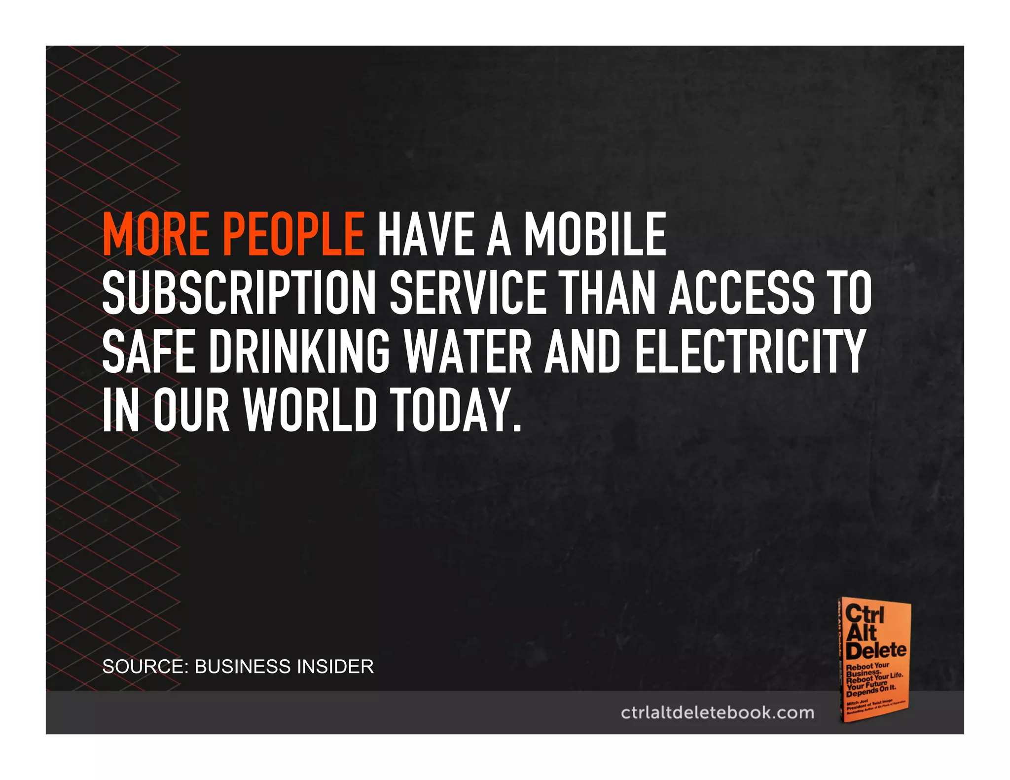 MORE PEOPLE HAVE A MOBILE
SUBSCRIPTION SERVICE THAN ACCESS TO
SAFE DRINKING WATER AND ELECTRICITY
IN OUR WORLD TODAY.
SOURCE: BUSINESS INSIDER
 