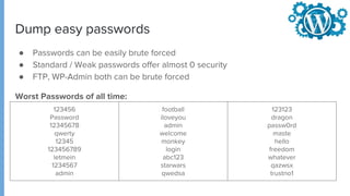 Dump easy passwords
● Passwords can be easily brute forced
● Standard / Weak passwords offer almost 0 security
● FTP, WP-Admin both can be brute forced
Worst Passwords of all time:
123456
Password
12345678
qwerty
12345
123456789
letmein
1234567
admin
football
iloveyou
admin
welcome
monkey
login
abc123
starwars
qwedsa
123123
dragon
passw0rd
maste
hello
freedom
whatever
qazwsx
trustno1
 