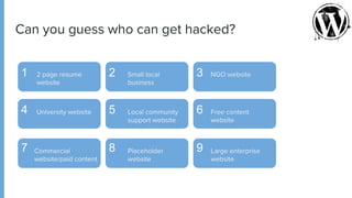 Can you guess who can get hacked?
1 2 3
4 5 6
7 8 9
2 page resume
website
Small local
business
NGO website
University website Local community
support website
Free content
website
Commercial
website/paid content
Placeholder
website
Large enterprise
website
 