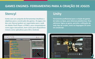 Stencyl
Conta com um conjunto de ferramentas intuitivas e
objetivas para a construção dos games. Os jogos cria-
dos com Stencyl podem ser exportados para a web
via Adobe Flash Player e HTML5, para computadores
como jogos executáveis, bem como para dispositivos
móveis como aplicativos para iOS e Android.
Unity
Ferramenta profissional para a criação de games
de todos os tipos, para diversas plataformas. Para
adicionar lógica ao game, permite a utilização de
todo tipo de scripts, tanto na linguagem C# come
em JavaScript.
GAMES ENGINES- FERRAMENTAS PARA A CRIAÇÃO DE JOGOS
 