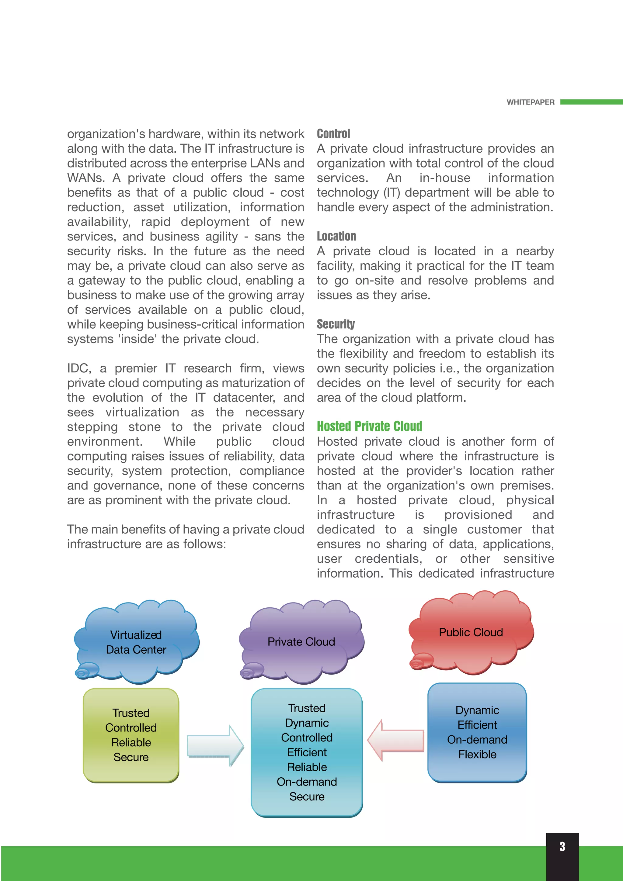 WHITEPAPER



organization's hardware, within its network     Control
along with the data. The IT infrastructure is   A private cloud infrastructure provides an
distributed across the enterprise LANs and      organization with total control of the cloud
WANs. A private cloud offers the same           services. An in-house information
benefits as that of a public cloud - cost       technology (IT) department will be able to
reduction, asset utilization, information       handle every aspect of the administration.
availability, rapid deployment of new
services, and business agility - sans the       Location
security risks. In the future as the need       A private cloud is located in a nearby
may be, a private cloud can also serve as       facility, making it practical for the IT team
a gateway to the public cloud, enabling a       to go on-site and resolve problems and
business to make use of the growing array       issues as they arise.
of services available on a public cloud,
while keeping business-critical information     Security
systems 'inside' the private cloud.          The organization with a private cloud has
                                             the flexibility and freedom to establish its
IDC, a premier IT research firm, views own security policies i.e., the organization
private cloud computing as maturization of decides on the level of security for each
the evolution of the IT datacenter, and area of the cloud platform.
sees virtualization as the necessary
stepping stone to the private cloud Hosted Private Cloud
environment.      While     public    cloud Hosted private cloud is another form of
computing raises issues of reliability, data private cloud where the infrastructure is
security, system protection, compliance hosted at the provider's location rather
and governance, none of these concerns than at the organization's own premises.
are as prominent with the private cloud.     In a hosted private cloud, physical
                                             infrastructure     is    provisioned   and
The main benefits of having a private cloud dedicated to a single customer that
infrastructure are as follows:               ensures no sharing of data, applications,
                                             user credentials, or other sensitive
                                             information. This dedicated infrastructure




                                                                                                 3
 