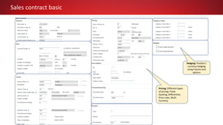 Sales contract basic
Pricing: Different types
of pricing: Fixed,
Quoting, Differential,
Price rules, Multi
Currency
Hedging: Position /
currency hedging
using Futures and
options
 