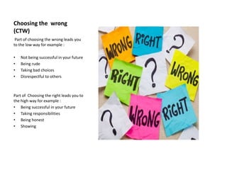 Choosing the wrong
(CTW)
Part of choosing the wrong leads you
to the low way for example :
•
•
•
•

Not being successful in your future
Being rude
Taking bad choices
Disrespectful to others

Part of Choosing the right leads you to
the high way for example :
• Being successful in your future
• Taking responsibilities
• Being honest
• Showing

 