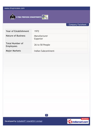 - Company Factsheet -


Year of Establishment   1972

Nature of Business      Manufacturer
                        Exporter

Total Number of
                        26 to 50 People
Employees

Major Markets           Indian Subcontinent
 