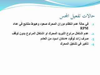 حالات تفعيل المجس 
1. في حالة عدم انتنام دوران المحرك صعود وهبوط متتابع في عداد 
RPM 
2. عدم اشتغال مراوح التبريد المحرك او اشتغال المراوح بدون توقف 
3. صرف زائد لوقود +دضان اسود من العادم 
4. تأضير في تشغيل المحرك 
 