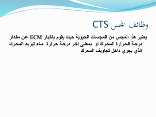 CTS وظائف المجس 
عرن مقردار ECM يعتبر هذا المجس من المجسات الحيوية حيت يقوم باضبار 
درجرة الحررارة المحررك او بمعنرى اضرر درجرة حررارة مراء تبريرد المحرررك 
الذي يجري داضل تجاويف المحرك 
 