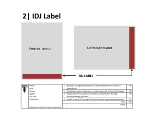 2| IDJ Label 
Portrait layout Landscape layout 
Name: 
Unit: 
Group: 
IDJ No: 
IDJ Title: 
Comments: 
FNBE JAN2012|FDES0213|Creative Thinking Skills 
1 Evidence of originality (evidence of idea development or process in 
visual form) 
/30 
2 Creativity in Layout (attempts a creative approach in layout techniques) /30 
3 Creative Communication(annotations and explanation through 
words/drawings /pictures) 
/20 
4 Depth of Ideas (The strength/intensity of ideas represented/produced) /20 
Total /100 
Grade 
IDJ LABEL 
 