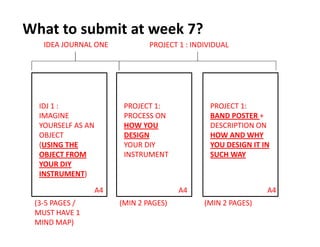 What to submit at week 7? 
IDEA JOURNAL ONE PROJECT 1 : INDIVIDUAL 
IDJ 1 : 
IMAGINE 
YOURSELF AS AN 
OBJECT 
(USING THE 
OBJECT FROM 
YOUR DIY 
INSTRUMENT) 
PROJECT 1: 
PROCESS ON 
HOW YOU 
DESIGN 
YOUR DIY 
INSTRUMENT 
PROJECT 1: 
BAND POSTER + 
DESCRIPTION ON 
HOW AND WHY 
YOU DESIGN IT IN 
SUCH WAY 
(3-5 PAGES / 
MUST HAVE 1 
MIND MAP) 
A4 A4 A4 
(MIN 2 PAGES) (MIN 2 PAGES) 
