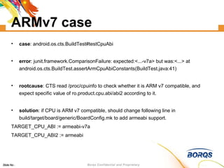 ARMv7 case case : android.os.cts.BuildTest#testCpuAbi error : junit.framework.ComparisonFailure: expected:<...-v7a> but was:<...> at android.os.cts.BuildTest.assertArmCpuAbiConstants(BuildTest.java:41)‏ rootcause : CTS read /proc/cpuinfo to check whether it is ARM v7 compatible, and expect specific value of ro.product.cpu.abi/abi2 according to it. solution : if CPU is ARM v7 compatible, should change following line in build/target/board/generic/BoardConfig.mk to add armeabi support. TARGET_CPU_ABI := armeabi-v7a TARGET_CPU_ABI2 := armeabi 