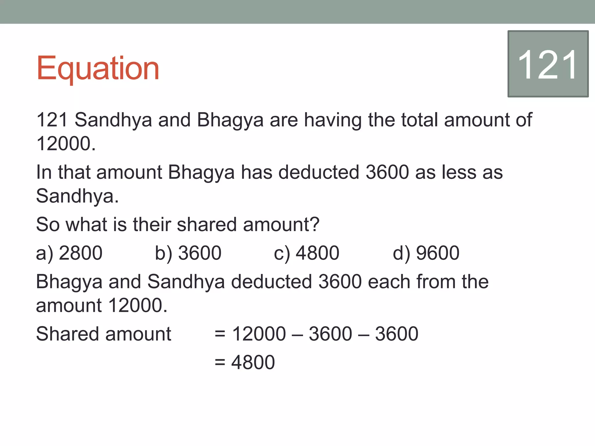 Equation
121 Sandhya and Bhagya are having the total amount of
12000.
In that amount Bhagya has deducted 3600 as less as
Sandhya.
So what is their shared amount?
a) 2800 b) 3600 c) 4800 d) 9600
Bhagya and Sandhya deducted 3600 each from the
amount 12000.
Shared amount = 12000 – 3600 – 3600
= 4800
121
 