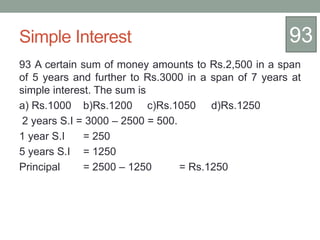 Simple Interest
93 A certain sum of money amounts to Rs.2,500 in a span
of 5 years and further to Rs.3000 in a span of 7 years at
simple interest. The sum is
a) Rs.1000 b)Rs.1200 c)Rs.1050 d)Rs.1250
2 years S.I = 3000 – 2500 = 500.
1 year S.I = 250
5 years S.I = 1250
Principal = 2500 – 1250 = Rs.1250
93
 