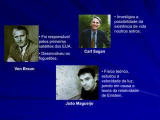 • Investigou a
                                                 possibilidade da
                                                 existência de vida
                                                 noutros astros.
            • Foi responsável
            pelos primeiros
            satélites dos EUA.
                                  Carl Sagan
            • Desenvolveu os
            foguetões.

Von Braun
                                          • Físico teórico,
                                          estudou a
                                          velocidade da luz,
                                          pondo em causa a
                                          teoria da relatividade
                                          de Einstein.
                          João Magueijo
 