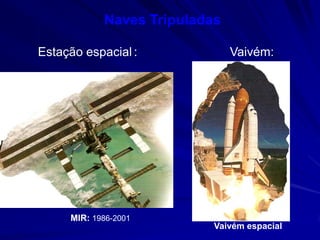 Naves Tripuladas

Estação espacial :             Vaivém:




     MIR: 1986-2001
                           Vaivém espacial
 