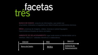 BANCO DE DADOS: conjunto de informações, que podem ser
arquivados, indexados e resgatados por determinados procedimentos técnicos.
MÍDIA: presença de imagens, vídeos, músicas e outras linguagens
hipermidiáticas linkados ao banco de dados.
AMBIENTE DE RELACIONAMENTO: lugar onde ocorre a interatividade com a
interface. Web 2.0 – websites interativos e colaborativos.

Internet
Banco de Dados

Web

Mídia

Web 2.0
Ambiente de
Relacionamento

 