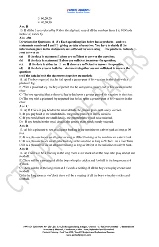 3. 60,20,20
                  4. 40,30,30
Ans. B
10. If all the 6 are replaced by 9, then the algebraic sum of all the numbers from 1 to 100(both
inclusive) varies by
Ans: 330
Directions for Questions 11-15 : Each question given below has a problem and two
statements numbered I and II giving certain information. You have to decide if the
information given in the statements are sufficient for answering             the problem. Indicate
your answer as
(a)      if the data in statement I alone are sufficient to answer the question;
(b)      if the data in statement II alone are sufficient to answer the question;
(c)       if the data in either in I or II alone are sufficient to answer the question;
(d)      if the data even in both the statements together are not sufficient to answer the
question;
(e) if the data in both the statements together are needed;
11. A) The boy regretted that he had spend a greater part of his vacation in the chair with a
plastered leg.
B) With a plastered leg, the boy regretted that he had spent a greater part of his vacation in the
chair
C) The boy regretted that a plastered leg he had spent a greater part of his vacation in the chair.
D) The boy with a plastered leg regretted that he had spent a greater part of his vacation in the
chair.
Ans: C
12. A) If You will pay heed to the small details, the general plans will surely succeed.
B) If you pay heed to the small details, the general plans will surely succeed.
C) If you would heed the small details, the general plans would have succeed.
D) If you heeded to the small details, the general plans would surely succeed.
Ans: B
13. A) It is a pleasure to see an alligator basking in the sunshine on a river bank as long as 90
feet.
B) It is a pleasure to see an alligator as long as 90 feet basking in the sunshine on a river bank
C) It is a pleasure to see an alligator basking in the sunshine as long as 90 feet on a river bank
D) It is a pleasure to see an alligator basking as long as 90 feet in the sunshine on a river bank.
Ans: B
14. A) There will be a meeting in the long room at 4 o’clock of all the boys who play cricket and
football.
B) There will be a meeting of all the boys who play cricket and football in the long room at 4
o’clock.
C) There will be in the long room at 4 o’clock a meeting of all the boys who play cricket and
football
D) In the long room at 4 o’closk there will be a meeting of all the boys who play cricket and
football.




   PANTECH SOLUTIONS PVT LTD , 151 / 34 , Sri Renga Building , T Nagar , Chennai – 17 Tel : 044 42606450   / 96000 66689
                    Branches @ Madurai , Coimbatore, Cochin , Pune, Hyderabad and Tirunelveli
                   Pantech Potency : Final Year IEEE / Non IEEE Projects and Professional Courses.
                                               www.pantechprojects.com
 